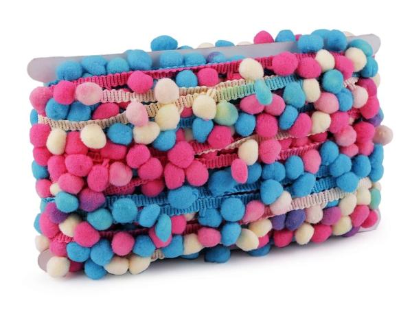 Borte Breite 30 mm mit Bommeln Ø13 mm Koralle-Azur-Rosa